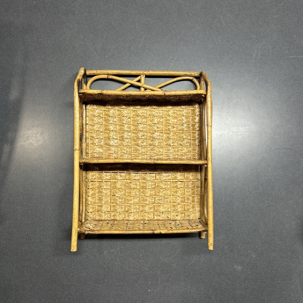 Vintage Wicker Rattan 3-Tier Shelf Wall Hung or Tabletop Floor Boho MCM Chic